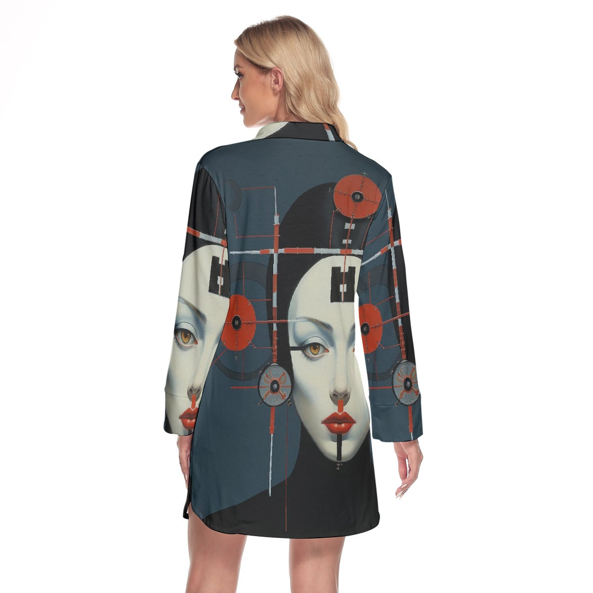 All-Over Print Women's Lapel Shirt Dress With Long Sleeve