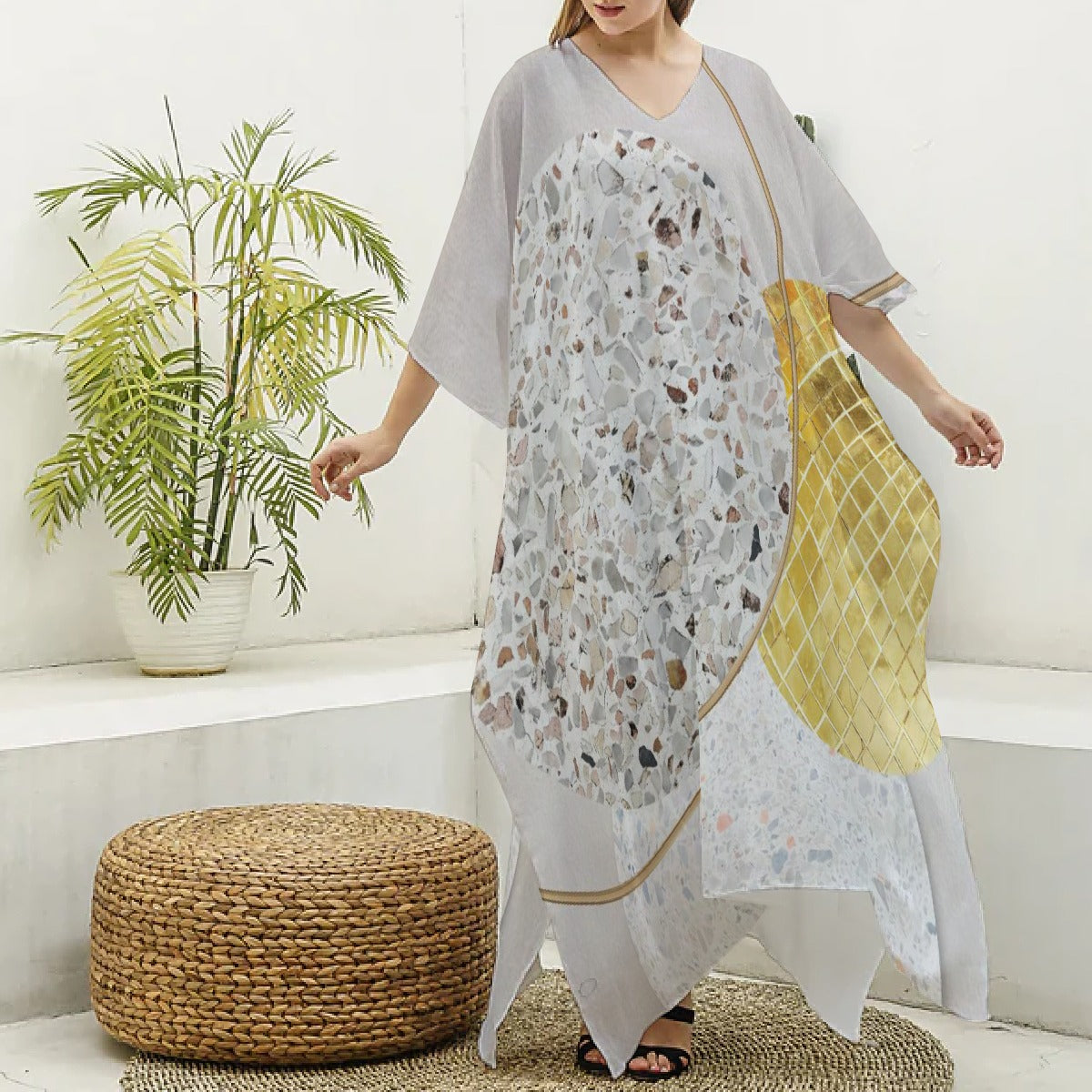 All-Over Print Women's Imitation Silk V-neck Kaftan Robe