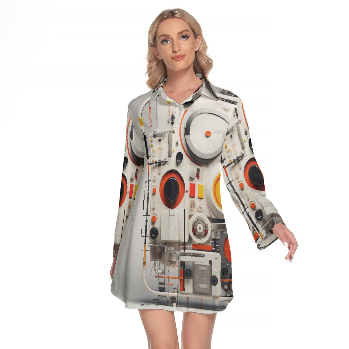 All-Over Print Women's Lapel Shirt Dress With Long Sleeve