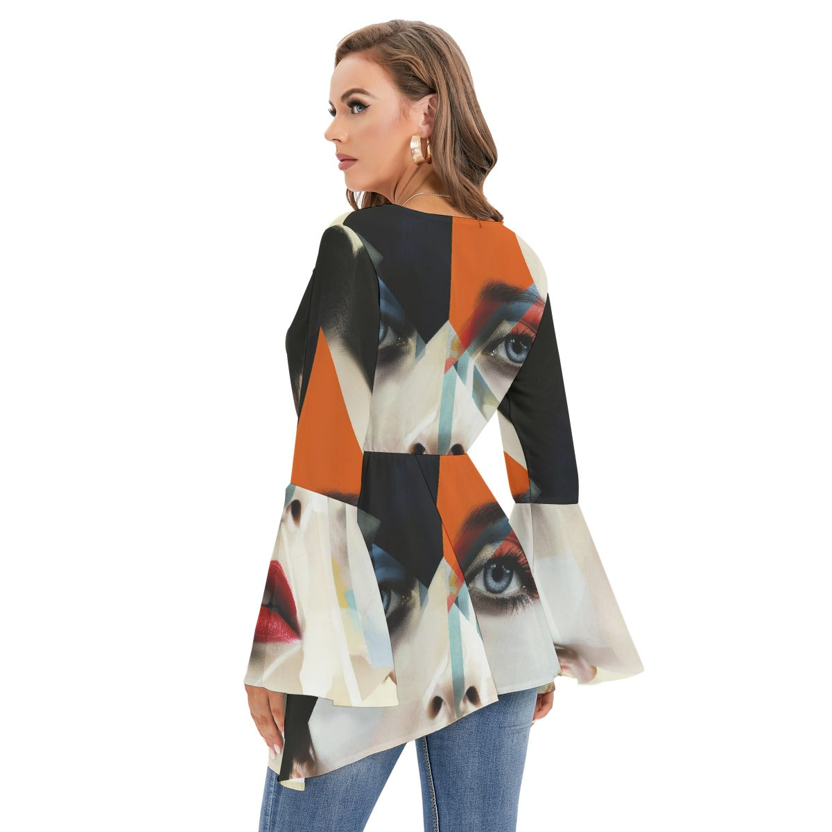 All-Over Print Women's V-neck Blouse With Flared Sleeves