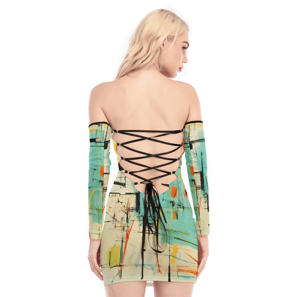 All-Over Print Women's Off-shoulder Back Lace-up Dress