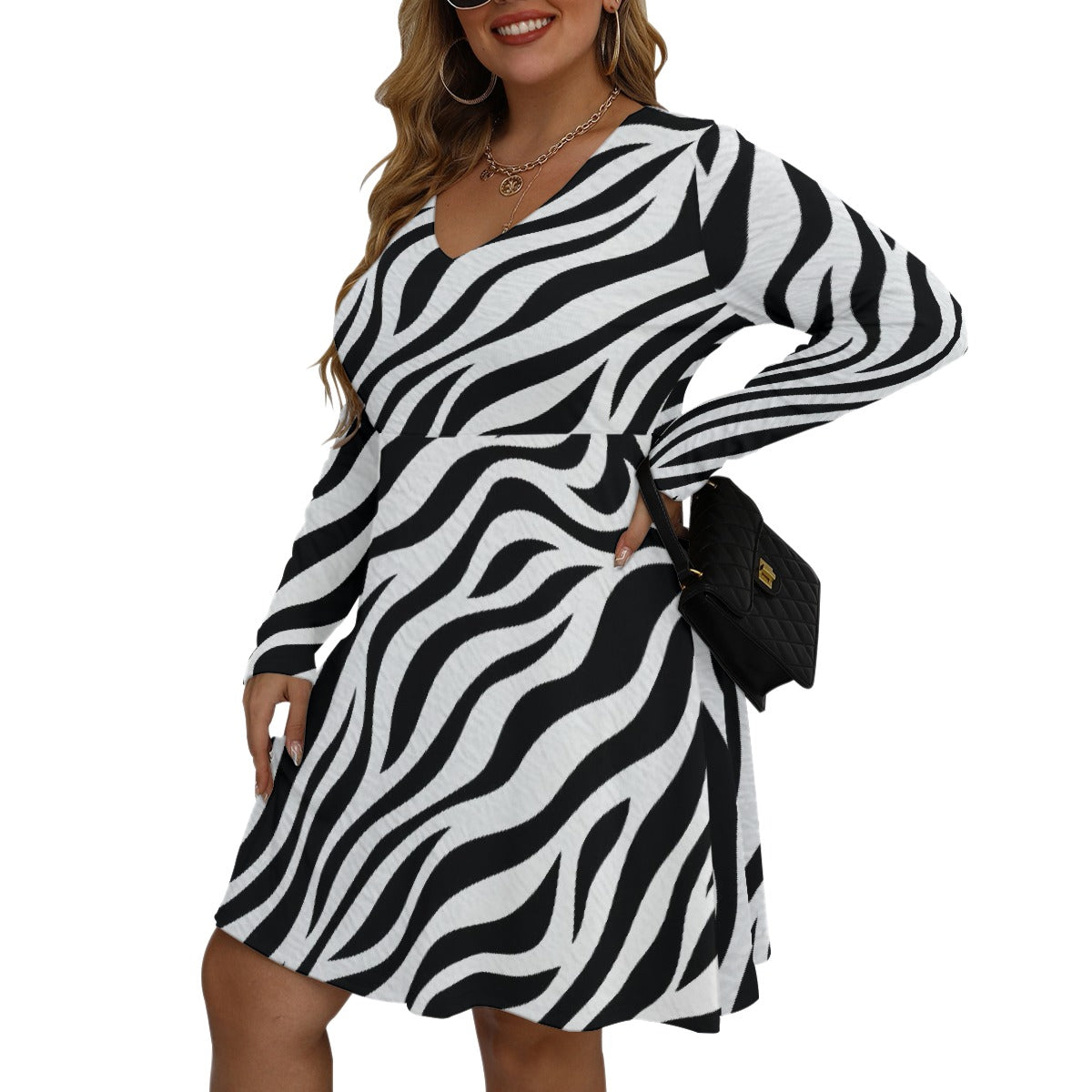 All-Over Print Women's V-neck Long Sleeve Dress(Plus Size)