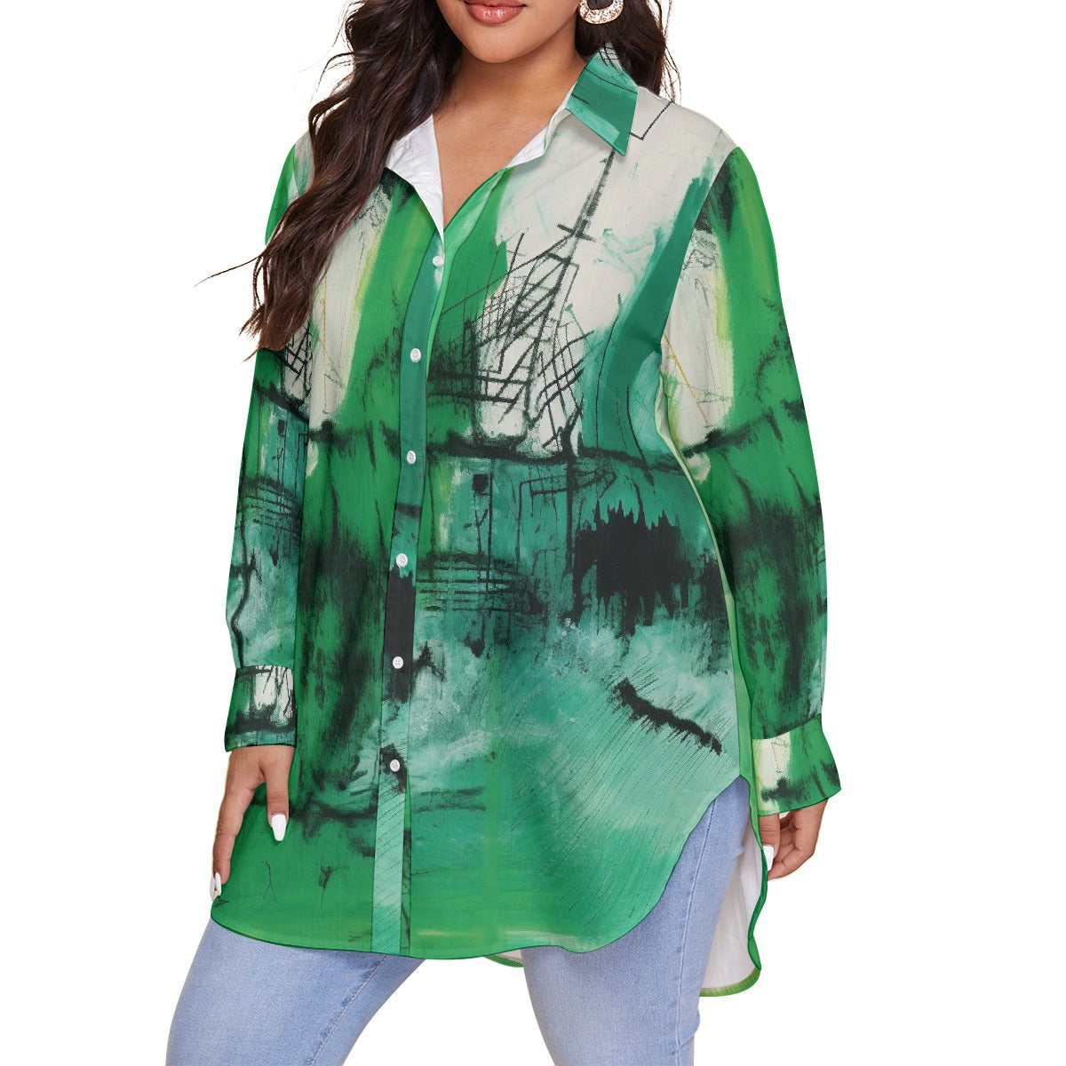 All-Over Print Women's Shirt With Long Sleeve(Plus Size)