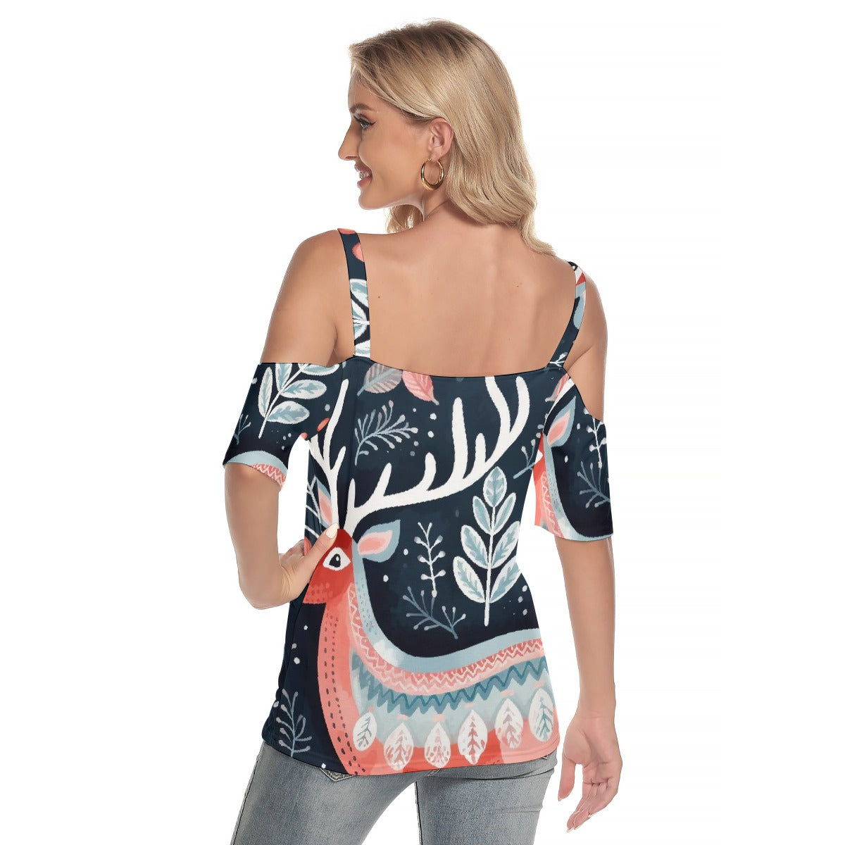 All-Over Print Women's Cold Shoulder T-shirt With Criss Cross Strips