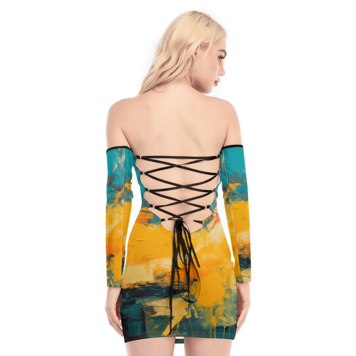 All-Over Print Women's Off-shoulder Back Lace-up Dress