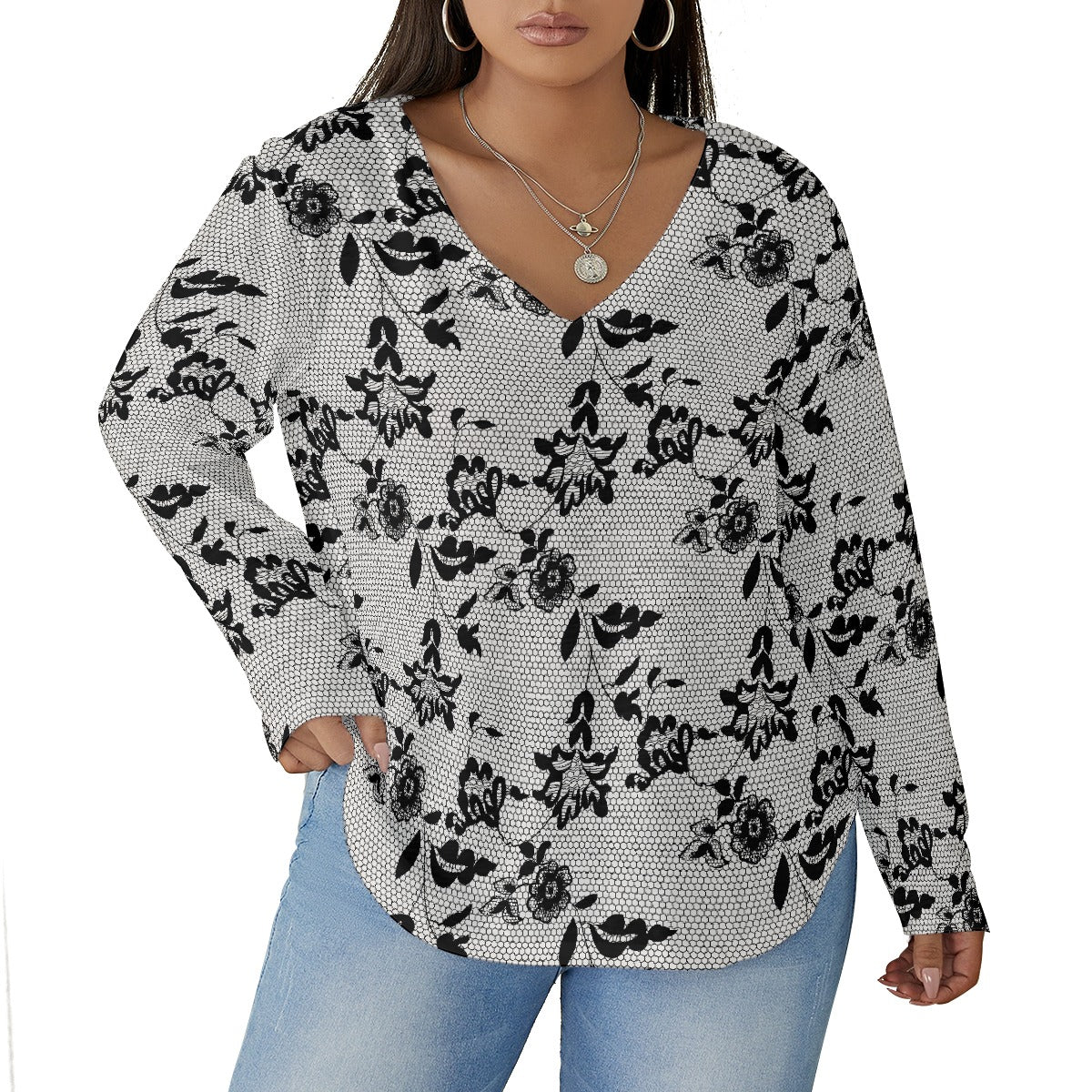 All-Over Print Women's V-neck T-shirt With Curved Hem(Plus Size)