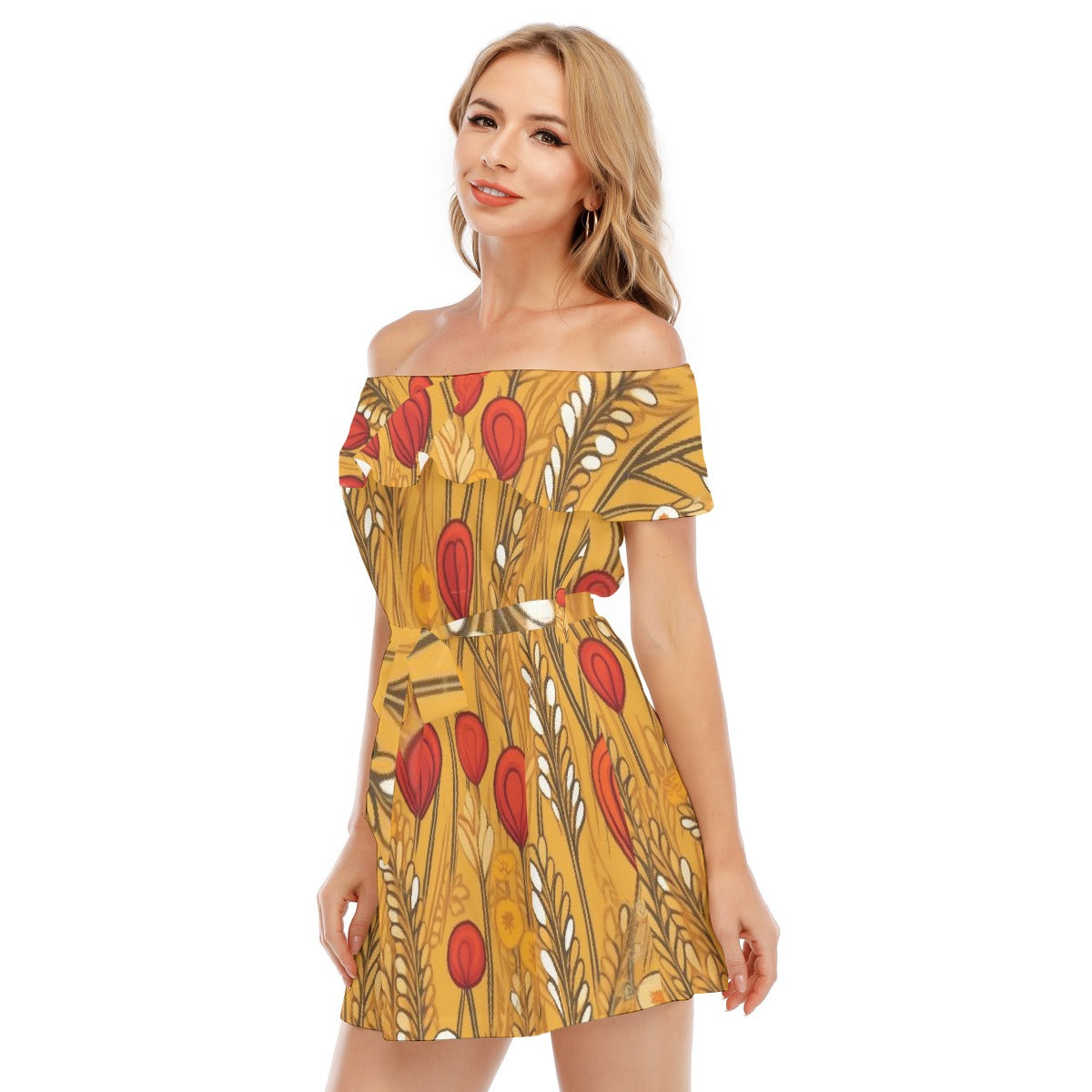 All-Over Print Women's Off-shoulder Dress With Ruffle