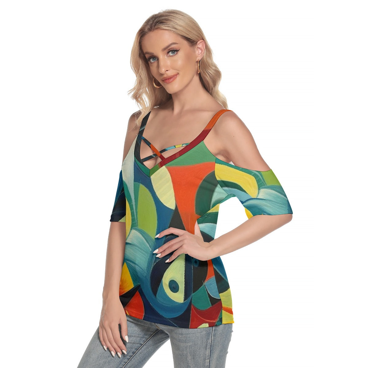 All-Over Print Women's Cold Shoulder T-shirt With Criss Cross Strips