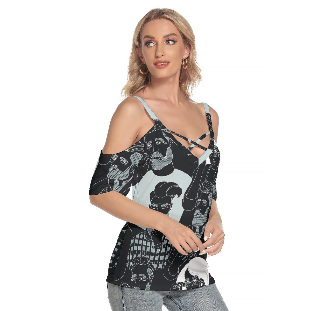 All-Over Print Women's Cold Shoulder T-shirt With Criss Cross Strips