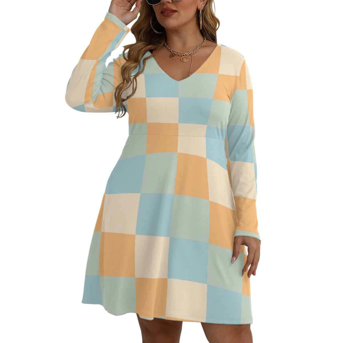 All-Over Print Women's V-neck Long Sleeve Dress(Plus Size)