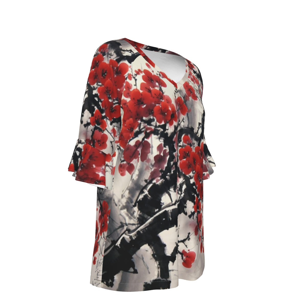 All-Over Print V-neck Women's T-shirt With Bell Sleeve