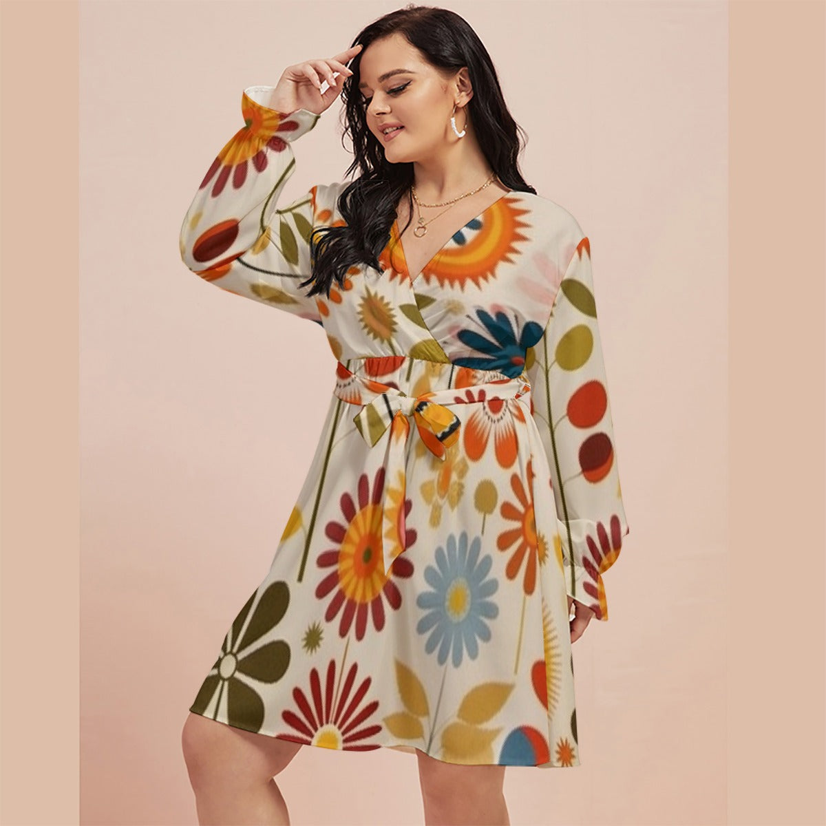 All-Over Print Women's V-neck Dress With Waistband(Plus Size)