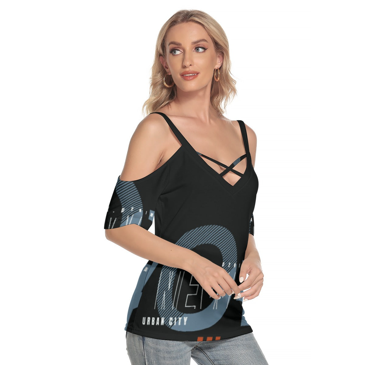 All-Over Print Women's Cold Shoulder T-shirt With Criss Cross Strips