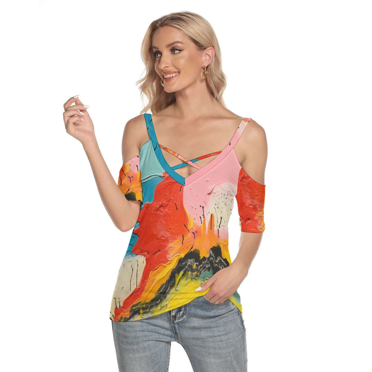 All-Over Print Women's Cold Shoulder T-shirt With Criss Cross Strips