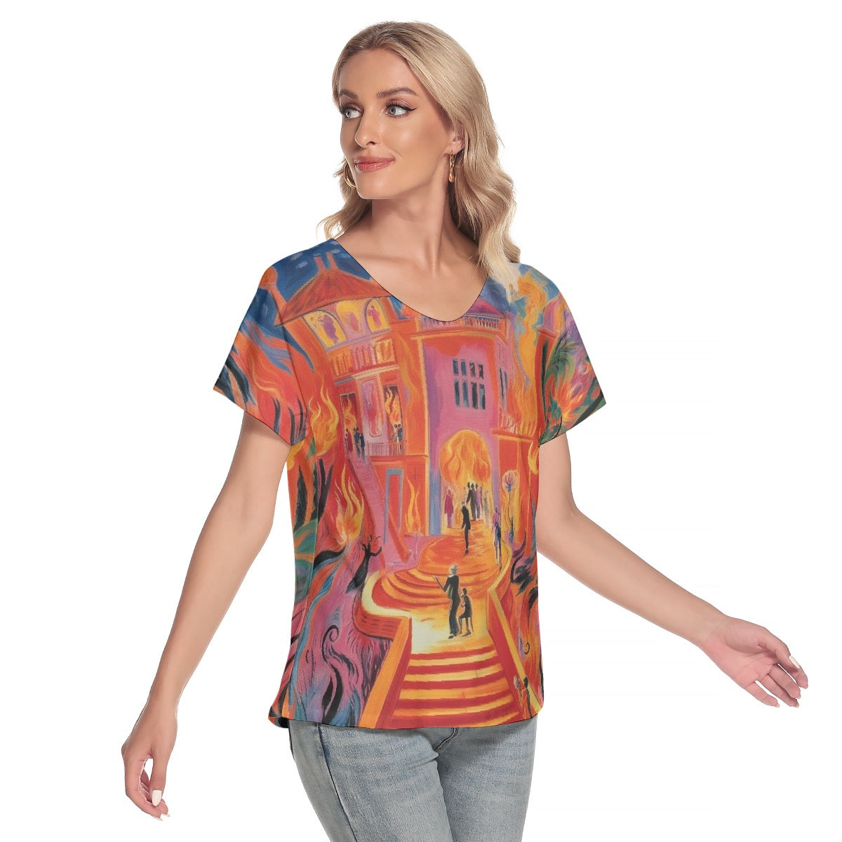 All-Over Print Women's Loose V-neck Short Sleeve T-shirt