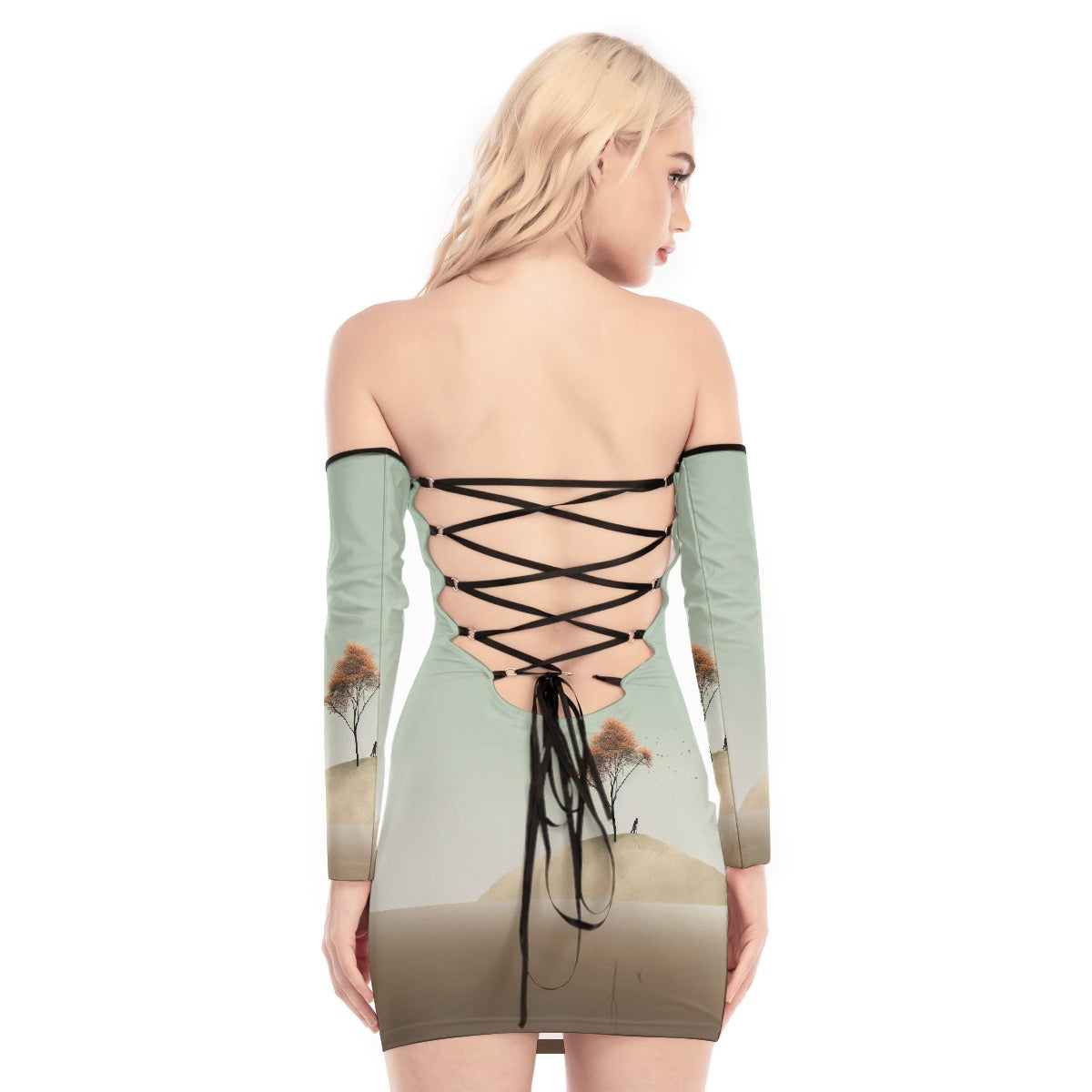 All-Over Print Women's Off-shoulder Back Lace-up Dress