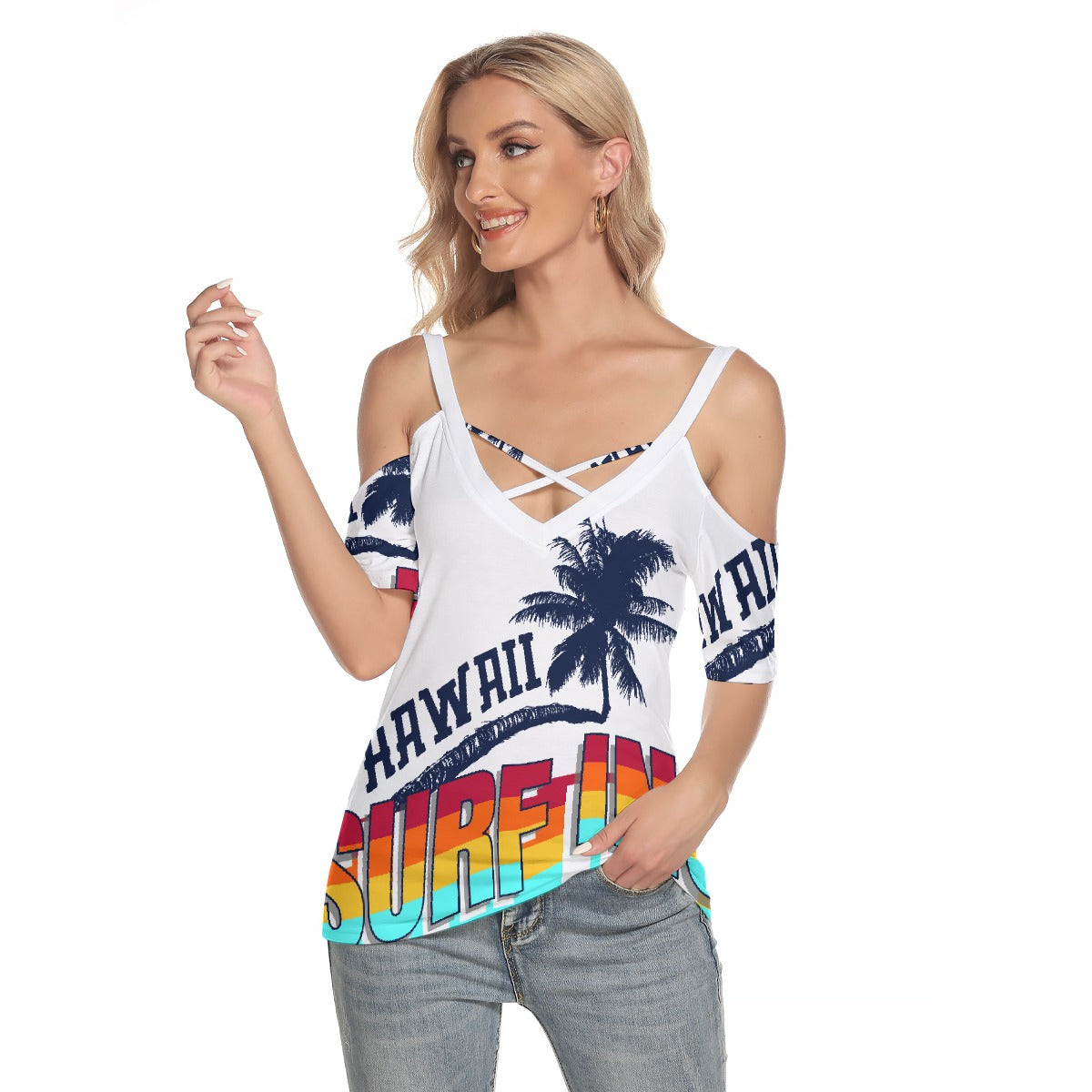 All-Over Print Women's Cold Shoulder T-shirt With Criss Cross Strips