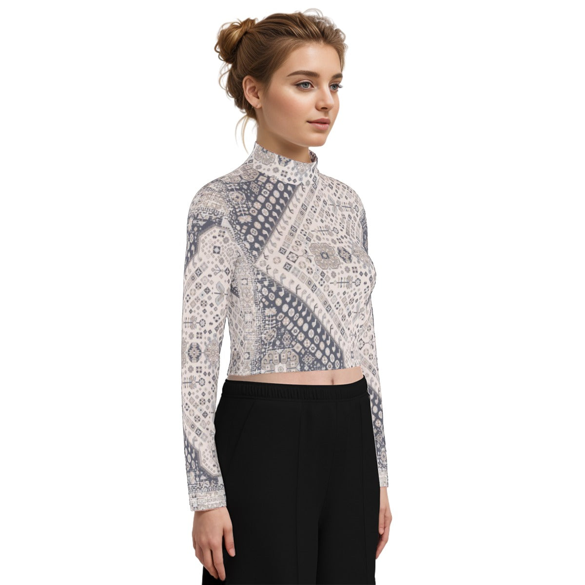 Eco-Friendly All-Over Print Women's Turtleneck T-shirt With Long Sleeve