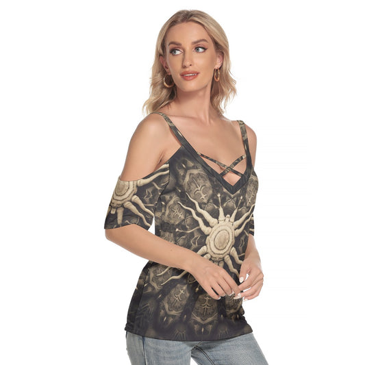 All-Over Print Women's Cold Shoulder T-shirt With Criss Cross Strips