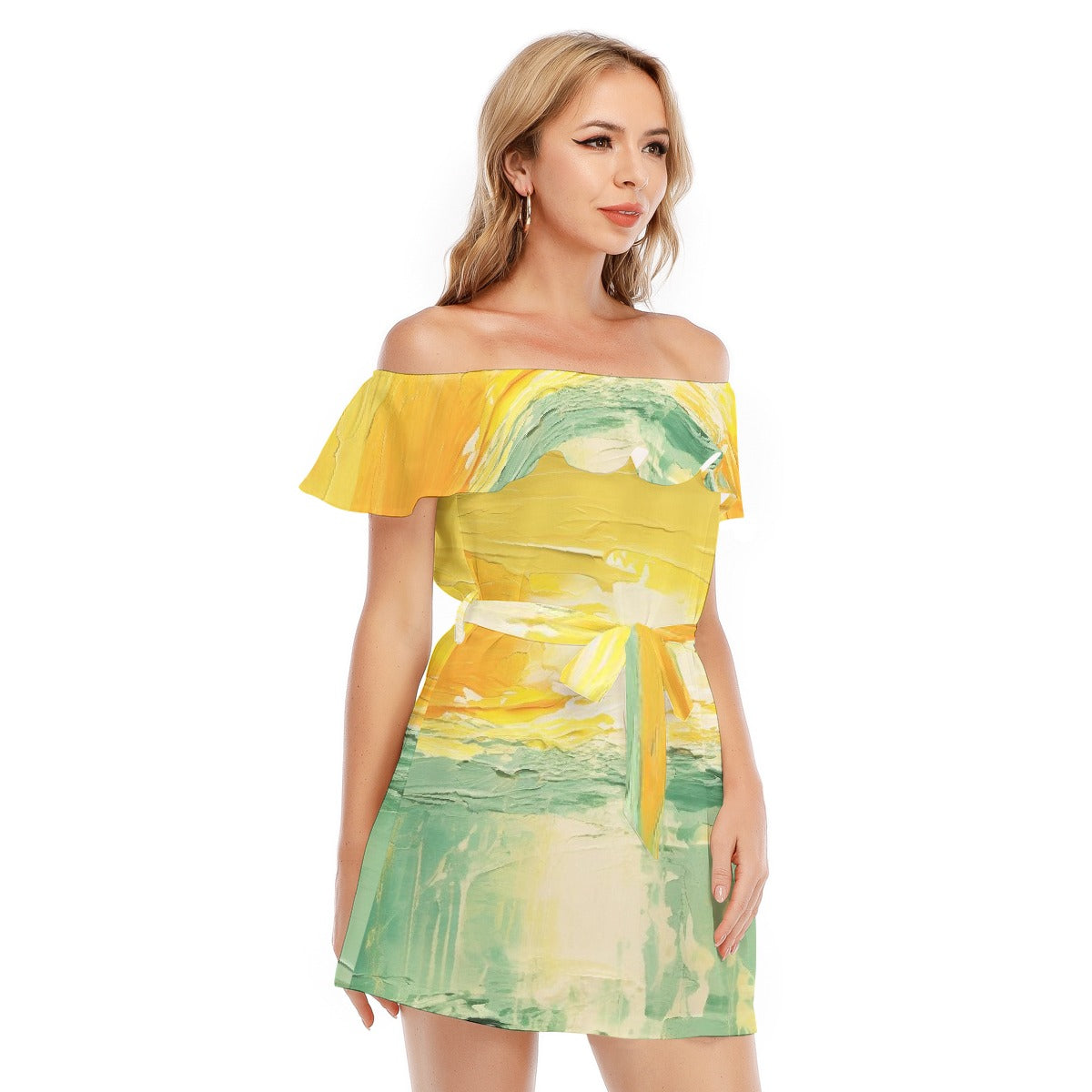 All-Over Print Women's Off-shoulder Dress With Ruffle