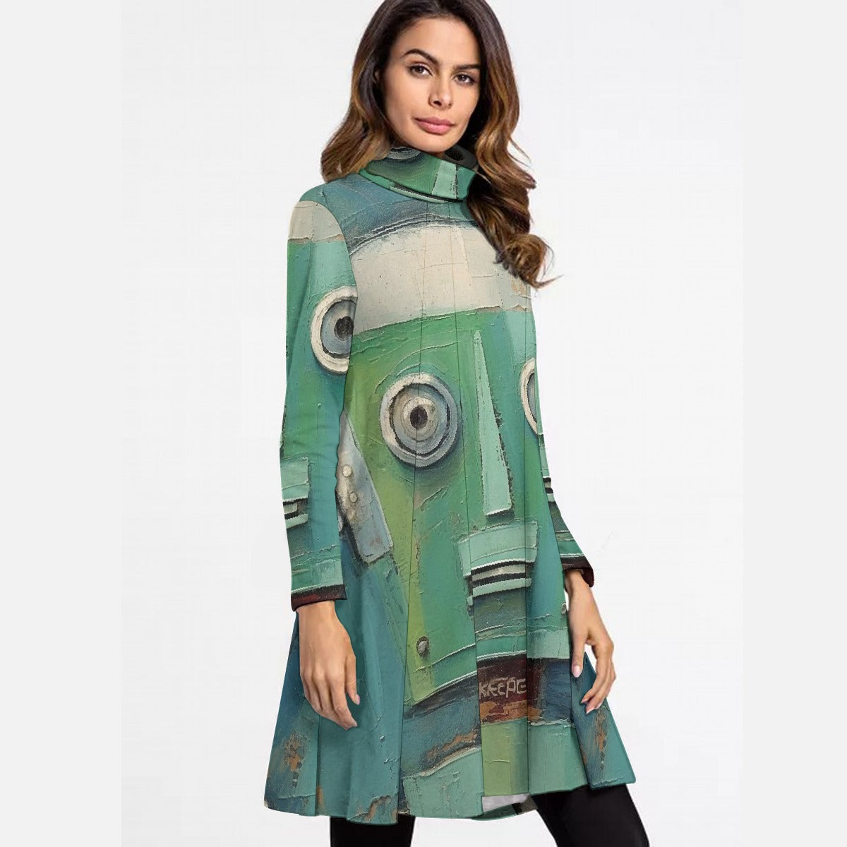 All-Over Print Women's High Neck Dress With Long Sleeve