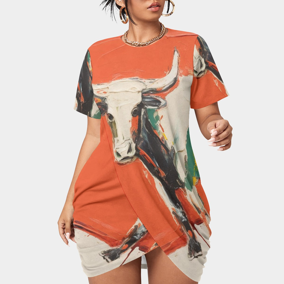 All-Over Print Women’s Stacked Hem Dress With Short Sleeve（Plus Size）