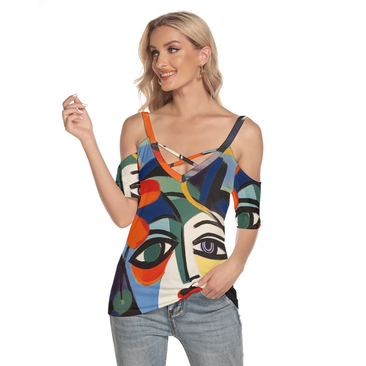 All-Over Print Women's Cold Shoulder T-shirt With Criss Cross Strips