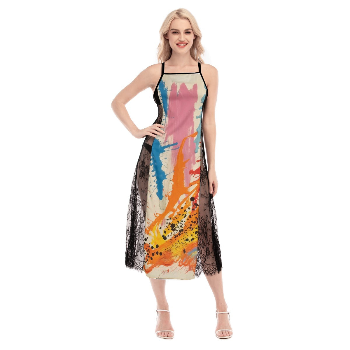 All-Over Print Women's Lace Cami Cross Back Dress