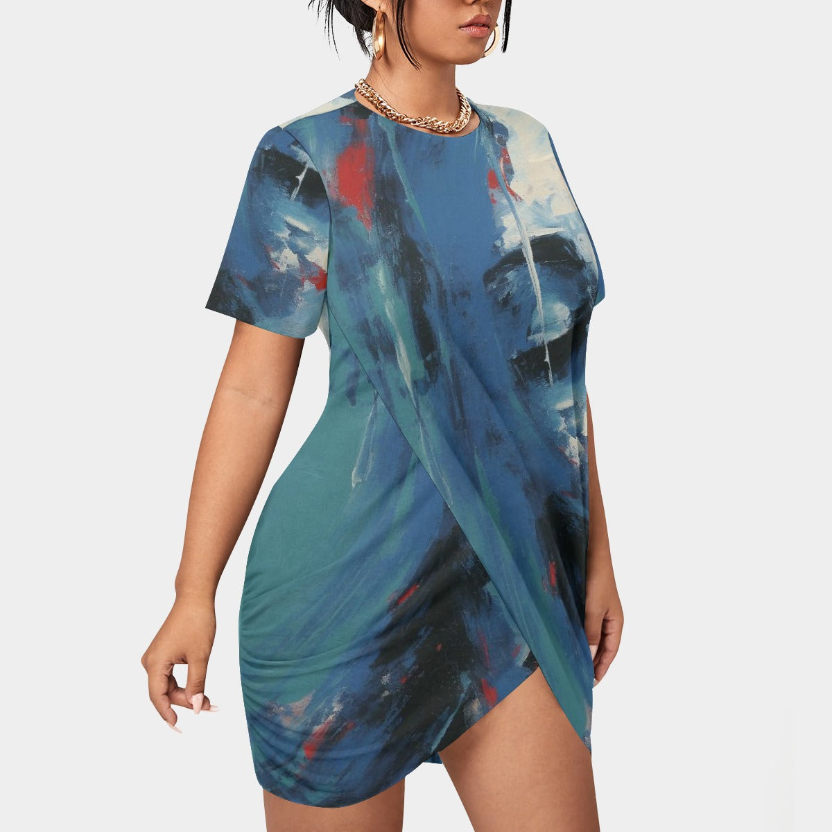 All-Over Print Women’s Stacked Hem Dress With Short Sleeve（Plus Size）