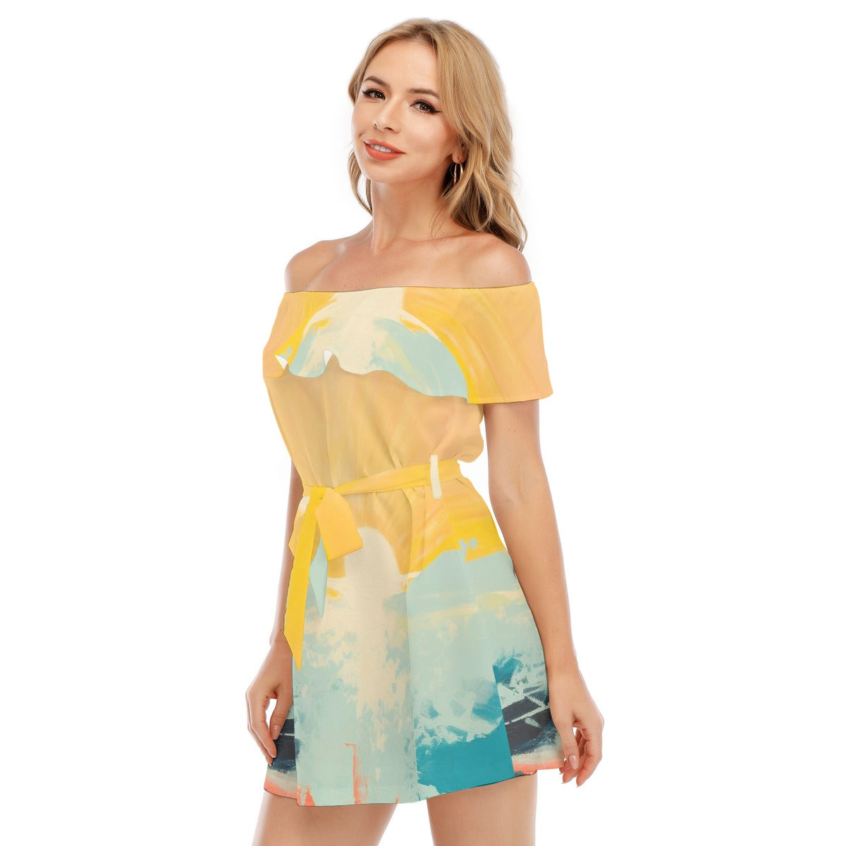 All-Over Print Women's Off-shoulder Dress With Ruffle