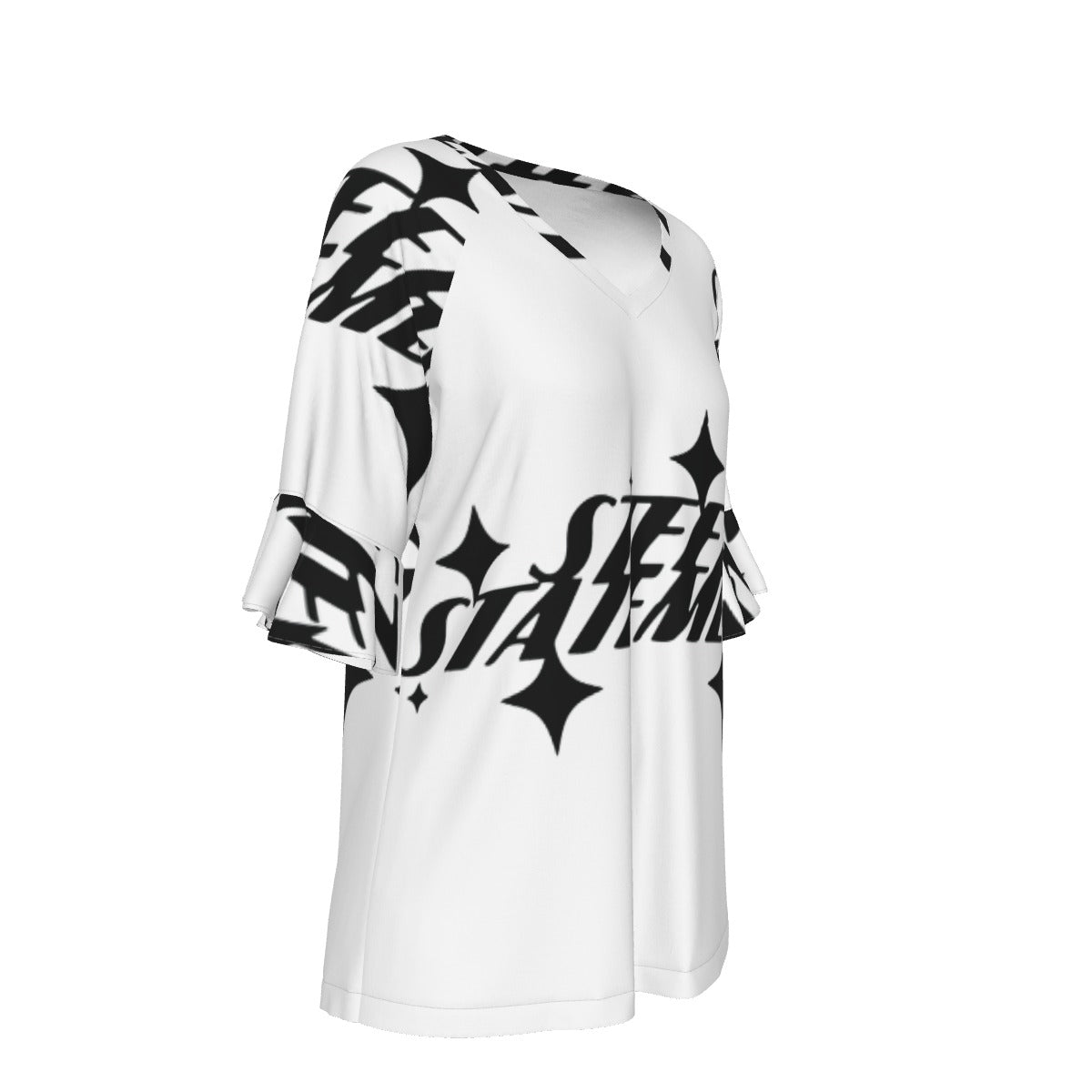 All-Over Print V-neck Women's T-shirt With Bell Sleeve