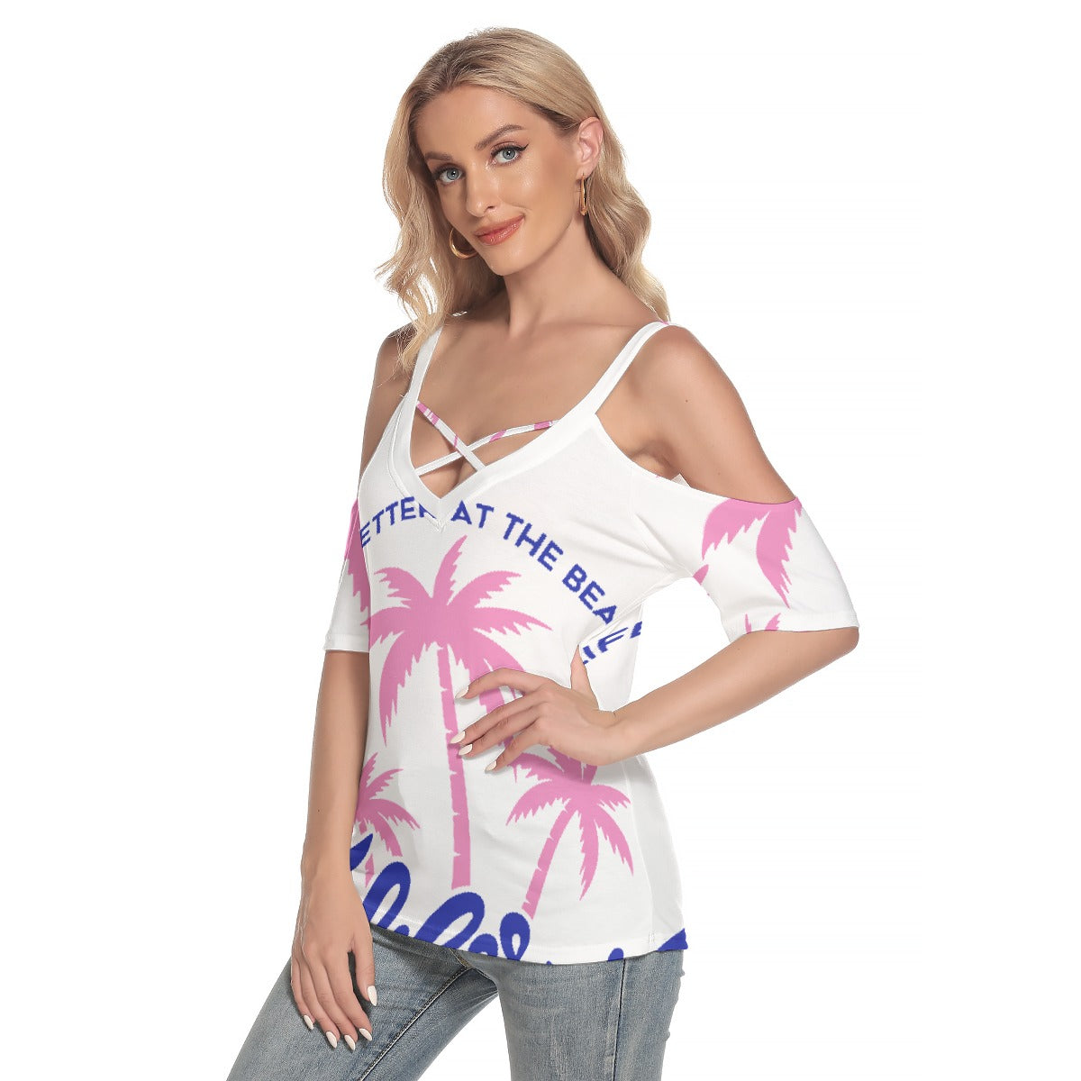 All-Over Print Women's Cold Shoulder T-shirt With Criss Cross Strips