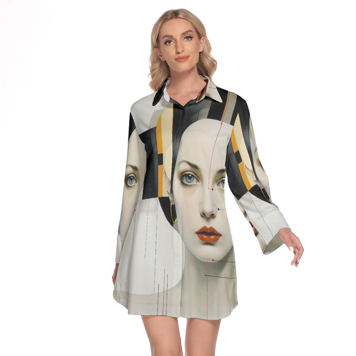 All-Over Print Women's Lapel Shirt Dress With Long Sleeve