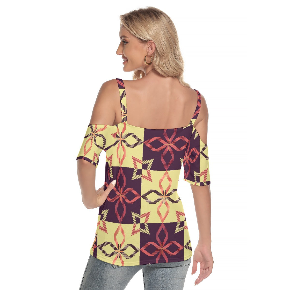 All-Over Print Women's Cold Shoulder T-shirt With Criss Cross Strips