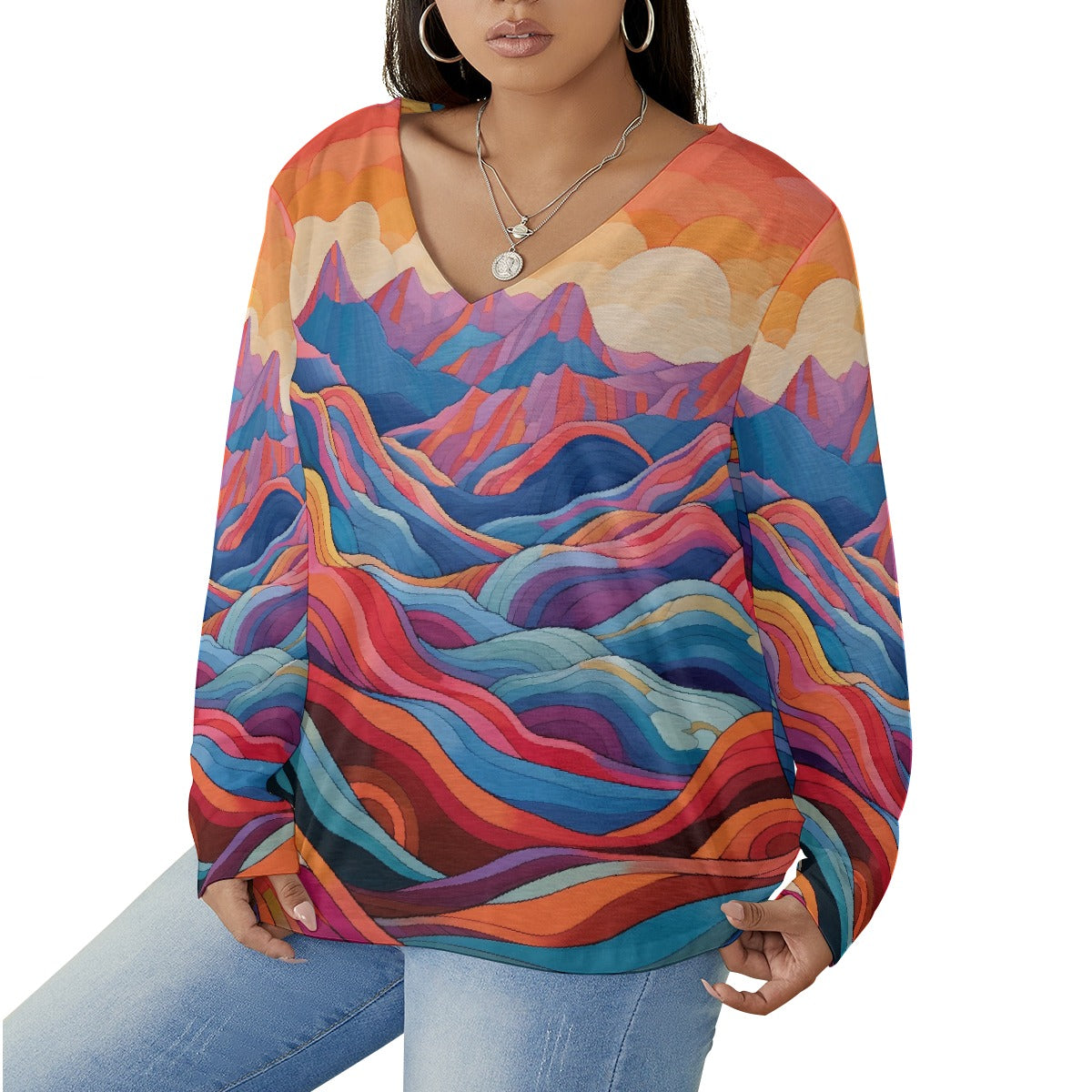 All-Over Print Women's V-neck T-shirt With Curved Hem(Plus Size)