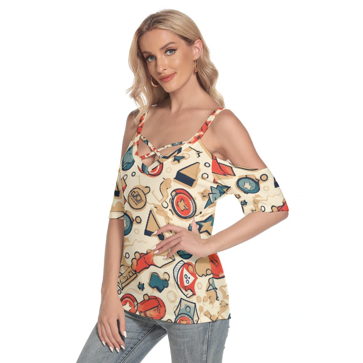 All-Over Print Women's Cold Shoulder T-shirt With Criss Cross Strips