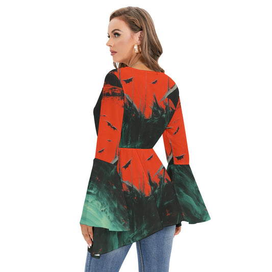 All-Over Print Women's V-neck Blouse With Flared Sleeves