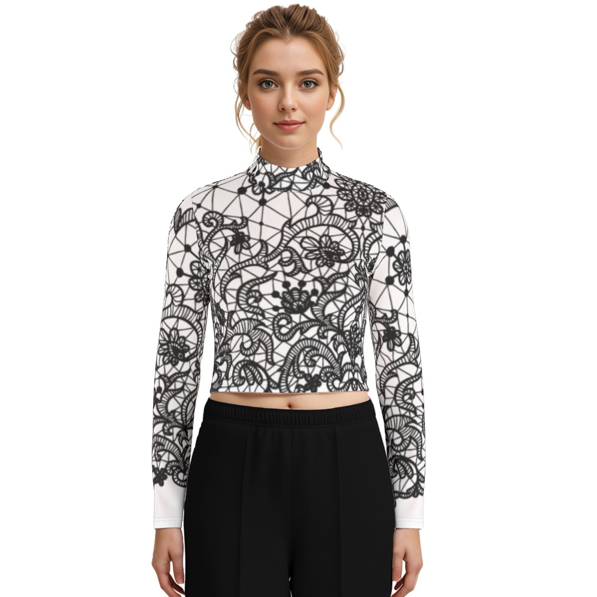 Eco-Friendly All-Over Print Women's Turtleneck T-shirt With Long Sleeve