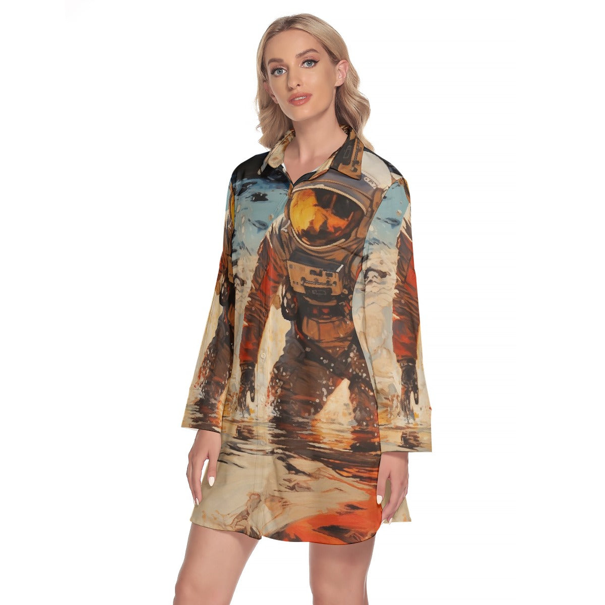 All-Over Print Women's Lapel Shirt Dress With Long Sleeve