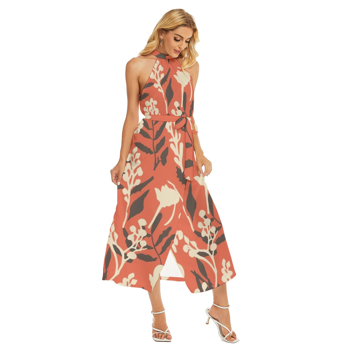 All-Over Print Women's Wrap Hem Belted Halter Dress