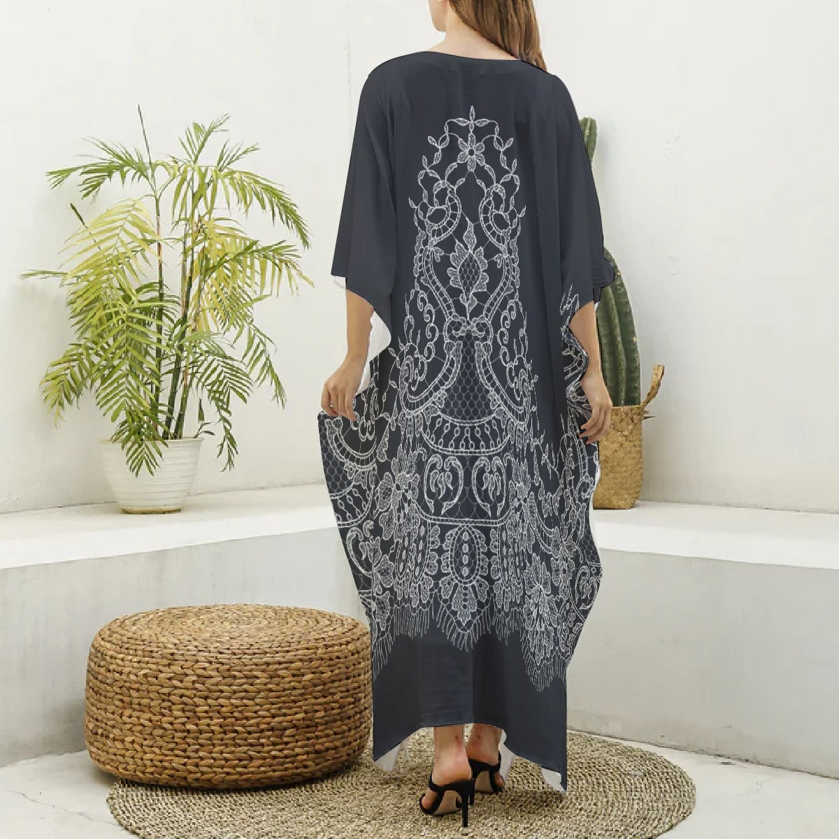 All-Over Print Women's Imitation Silk V-neck Kaftan Robe