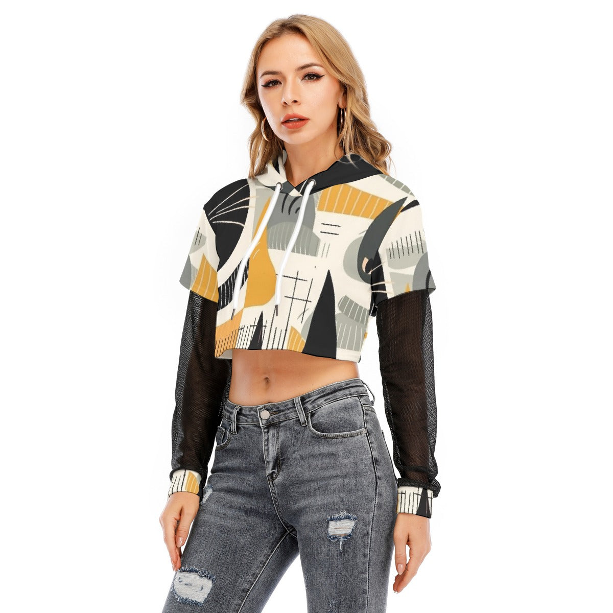 All-Over Print Women's Fake Two-piece Mesh Sleeve Cropped Hoodie