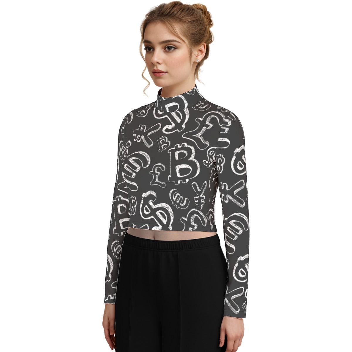 Eco-Friendly All-Over Print Women's Turtleneck T-shirt With Long Sleeve