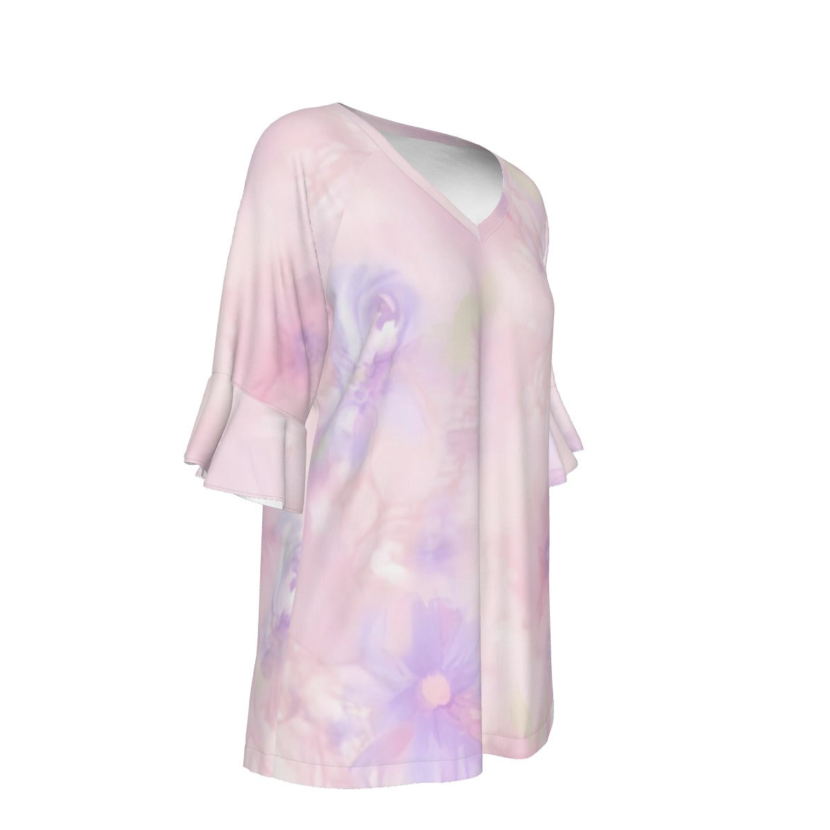 All-Over Print V-neck Women's T-shirt With Bell Sleeve