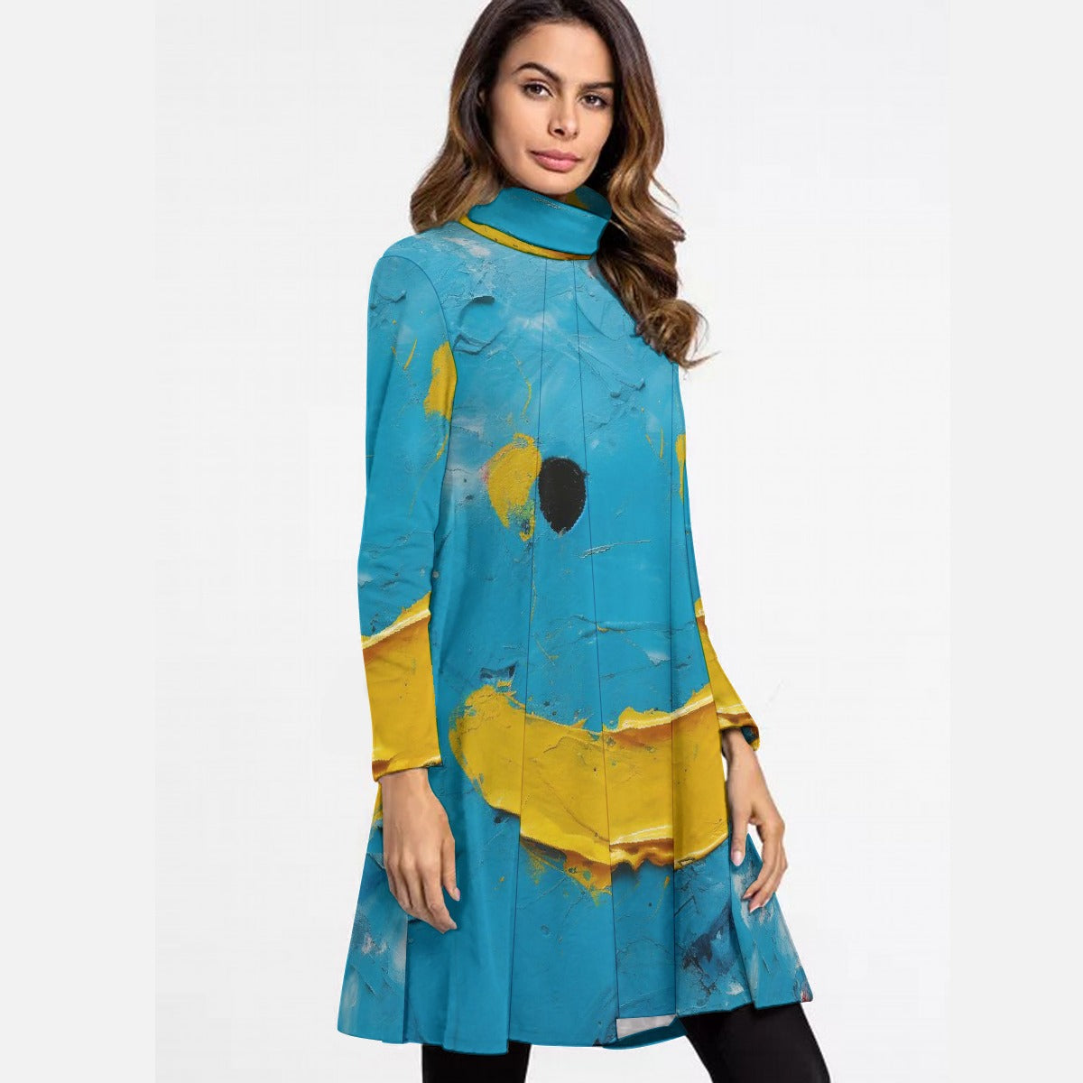 All-Over Print Women's High Neck Dress With Long Sleeve