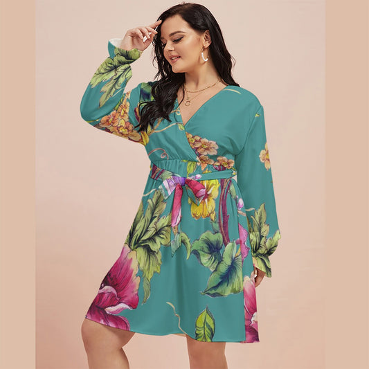 All-Over Print Women's V-neck Dress With Waistband(Plus Size)