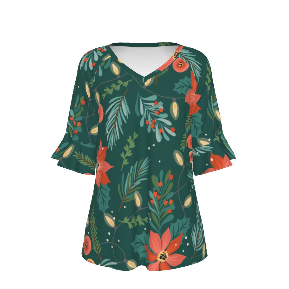 All-Over Print V-neck Women's T-shirt With Bell Sleeve