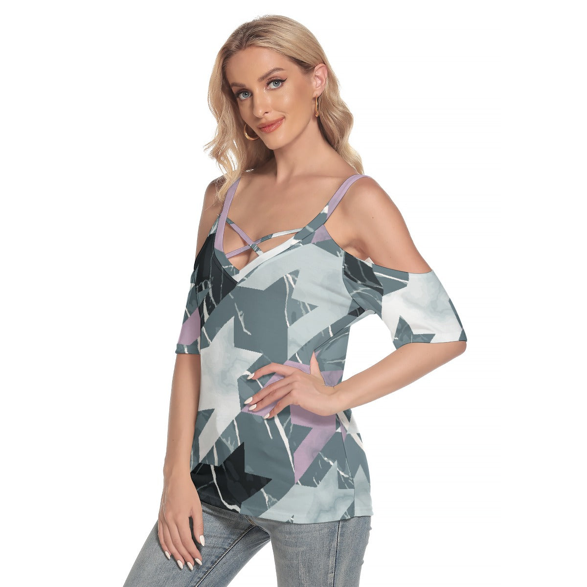 All-Over Print Women's Cold Shoulder T-shirt With Criss Cross Strips