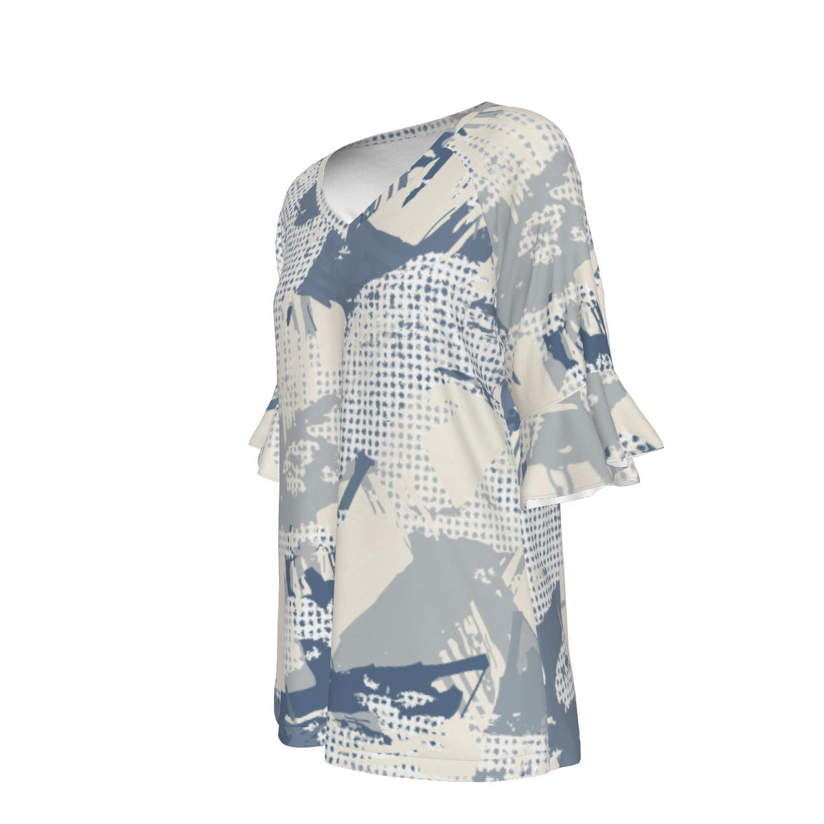 All-Over Print V-neck Women's T-shirt With Bell Sleeve