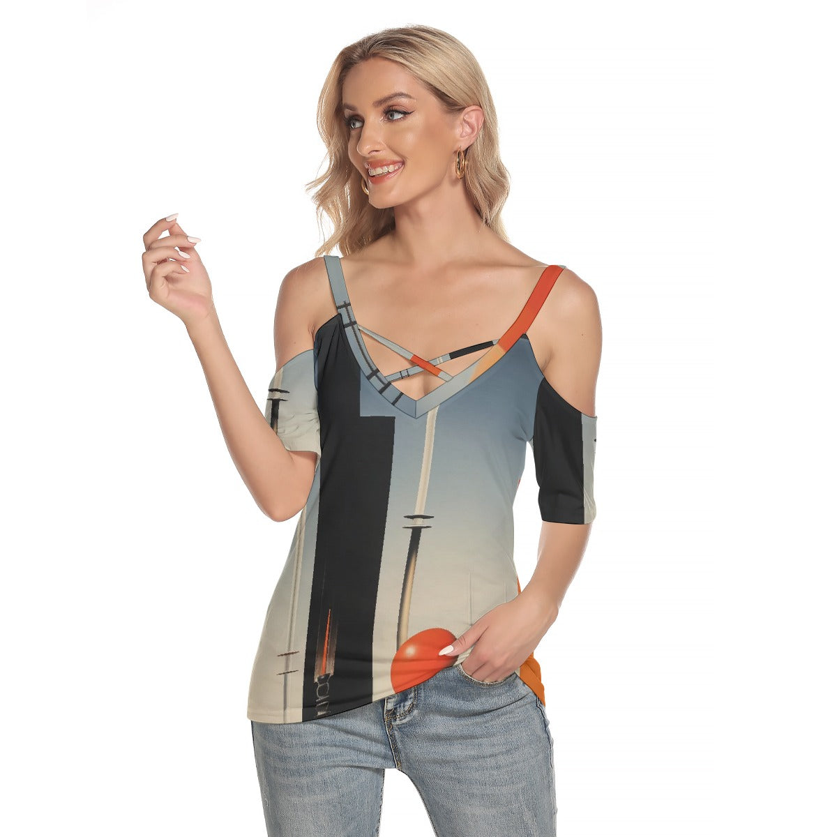 All-Over Print Women's Cold Shoulder T-shirt With Criss Cross Strips